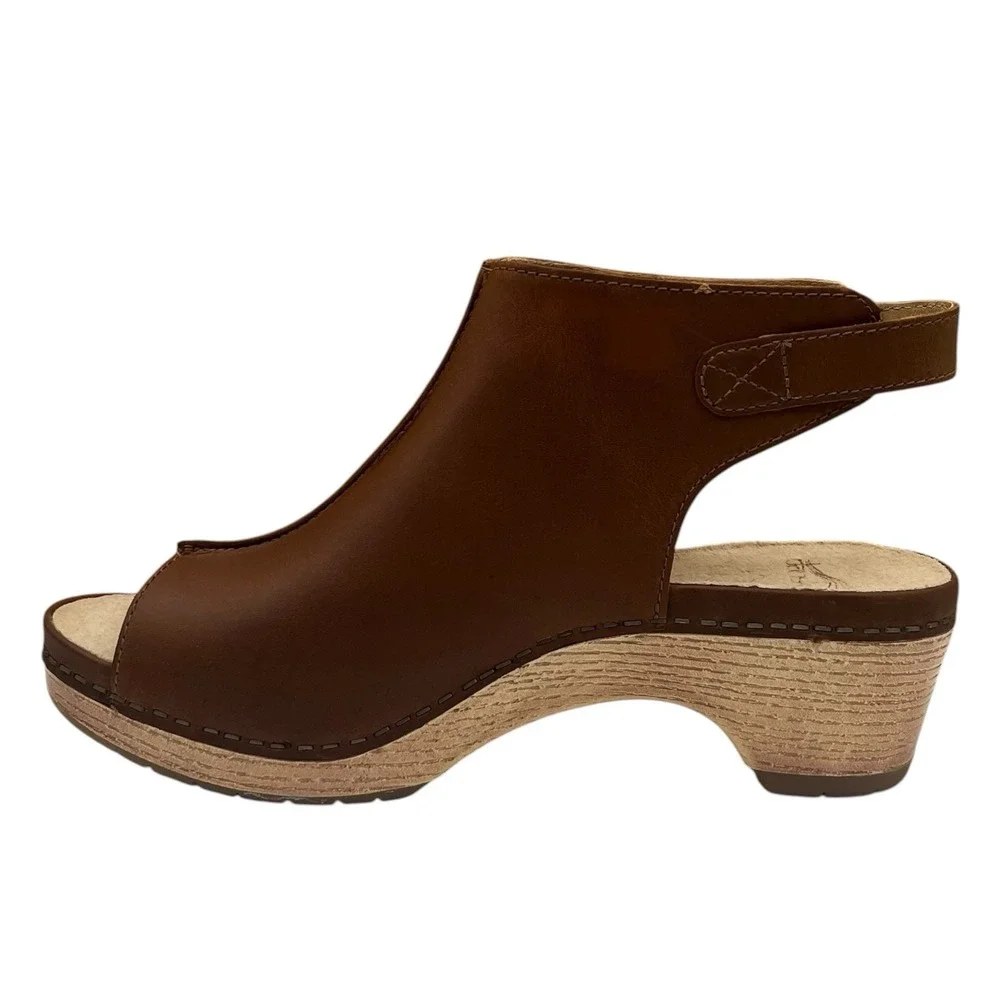 Dansko Womens Lizzy Peep Toe Leather Sandals Size 8 EU 38 Tan Brown Slip-on